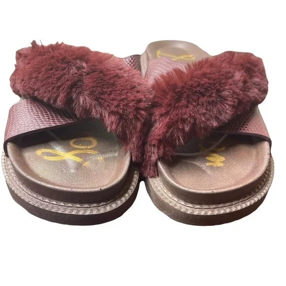 Sam Edelman Bianca Women Leather Vegan Fur Burgundy Leather‎ Platform Sandals - Picture 4 of 6